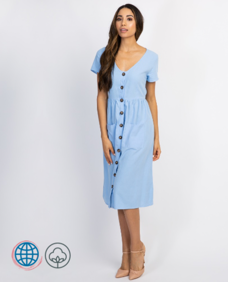 Maternity Dress in Cotton  Women’s Summer Fashion Leisure Button-Down Double Pocket Plus Size Clothing Pregnancy Dresses for Pregnant Woman in Trending Blue