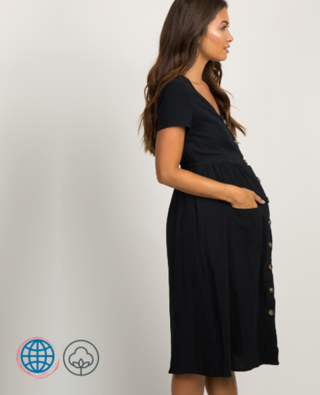 Maternity Dress in Cotton Linen  Women’s Summer Fashion Leisure Button-Down Double Pocket Plus Size Clothing Pregnancy Dresses for Pregnant Woman in trending Black