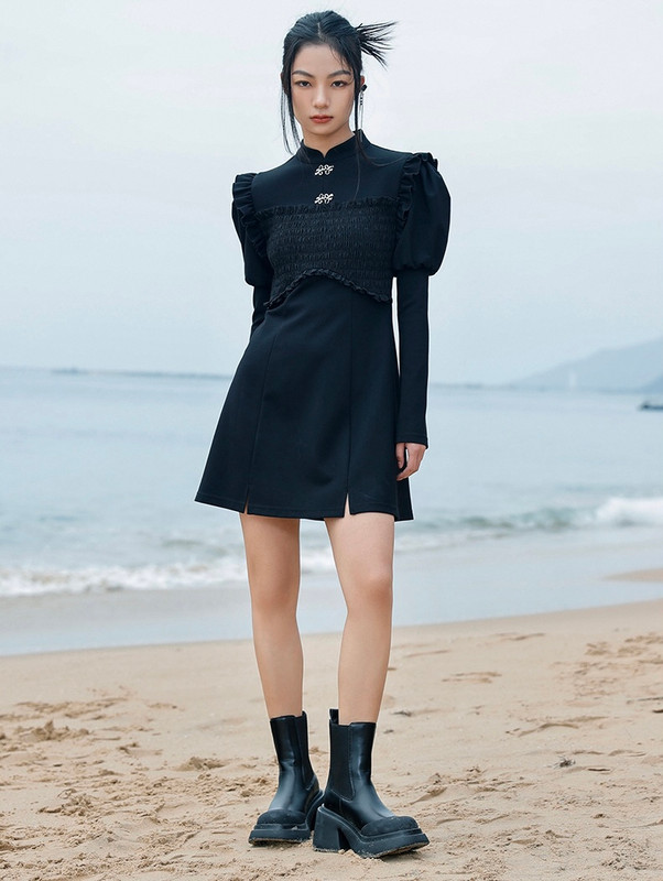 Puff Sleeve Knit Dress  Women’s Bohemia Vintage Punk Punkrock Goth Gothic Black Knitted Bodycon Ruched Long Sleeve A Line Mandarin Collar Runches Boho Designer Mini Dresses for Bohemian trending Woman