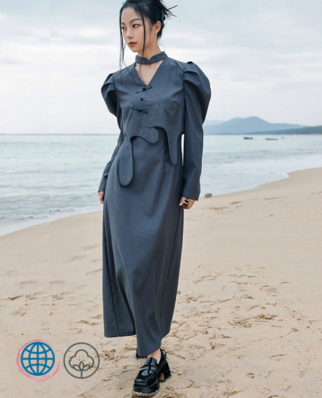 Puff Sleeve V-Neck Dress Women’s French Look Vintage Bohemia Punk Punkrock Goth Gothic Grey V Neck Long Maxi Elegant Boho Gray Luxury Patchwork A Line Designer Dresses Clothing for trending Bohemian Woman