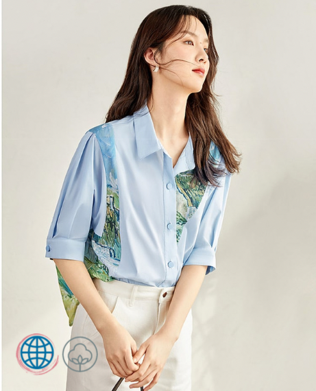 Oil Painting Patchwork Shirt  Women’s French Look Light Blue Summer Button Up Collar Shirts Designer Fashion Plus Size Clothes for trending Woman