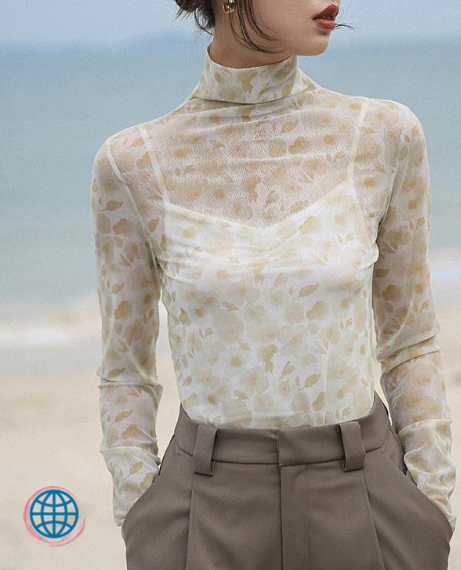 Turtleneck See-Through Top  Women’s Floral Mesh Blouse Long Sleeve Tshirt Designer Y2k Fashion Spring Summer Autumn Tees Blouses Tops for trending Woman in Yellow