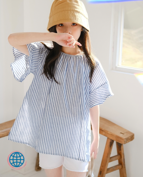 Teen Top + Shorts Set   Summer Girls Children Flare Sleeve Blue Striped Blouse Shirt and White Denim Shorts Two-Piece Suit Sets trending Teens Girl Blouses Fashion