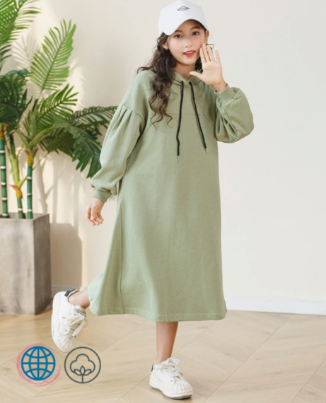 Teen Fleece Hoodie  for Girls Light Green Casual Winter Thicken Warm Hooded Dress Teenage Kids Clothes Mid-length Children Trending Teens Dresses