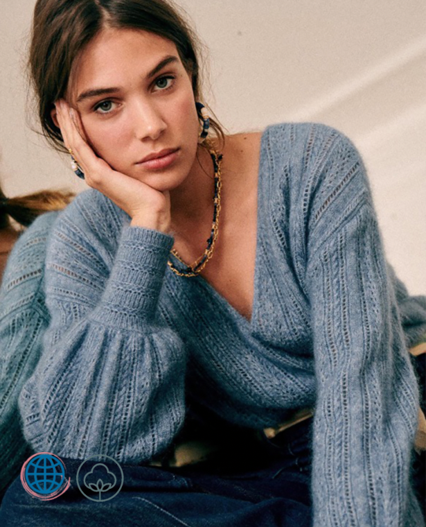 Jacquard Cashmere Sweater  Women’s Solid Pull Sleeve V-Neck Female Pullover Classic Casual Retro Lady Sweaters for trending Woman in Blue