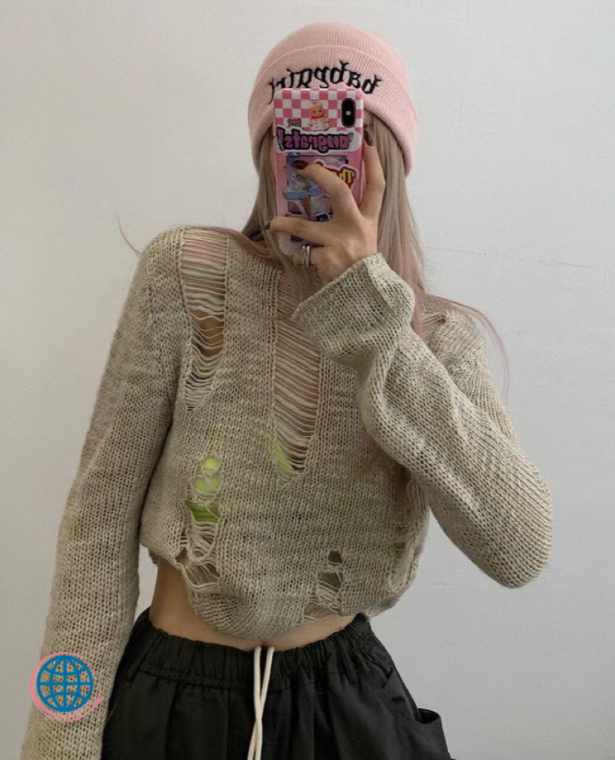 Hollow Out Crewneck Sweater  Women’s Knitted Long Sleeve Pullovers Broken Hole Y2k See Thought Crop Tops Fairycore Smock Autumn Sweaters for trending Woman in Khaki
