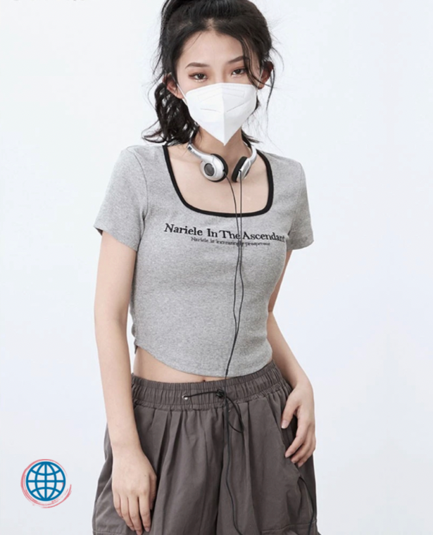 Hotsweet Squareneck T-Shirt  Women’s Square Collar T Shirt Crop Top Gray grey Short Sleeve Slim Skinny Harajuku Tee Shirst Femme Summer T-Shirts Plus Size Tees Tops for trending Woman