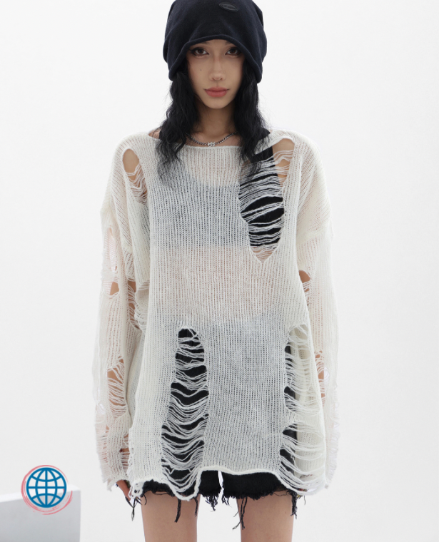 Gothic Sweater Women’s Thin Punk Punkrock Goth Pullover Loose Lady Hollow Out Hole Broken Streetwear Knit Jumpers Korean Fashion Sweaters for trending Woman