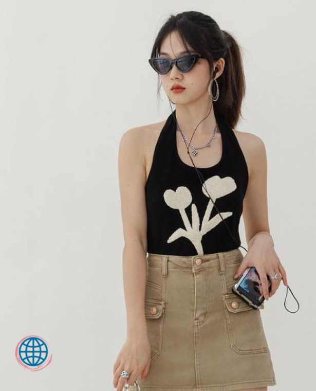 Floral Tank Top  Women’s Sleeveless Slim Y2k Flower Print Sexy Off Shoulder Halter Camisole Korean Summer Tops for trending Woman in Black