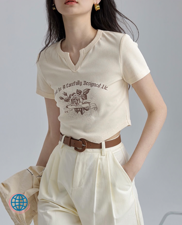 V-Neck Short Sleeve Crop Top  Women’s Summer T-Shirt Grunge Aesthetic Print Tee Shirt Femme Harajuku Korean Tees Plus Size Tops for trending Woman in Apricot