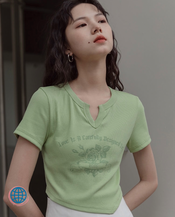 V-Neck Crop Top  Women’s Summer Short Sleeve T-Shirt Grunge Aesthetic Print Tee Shirt Femme Harajuku Korean Tees Tops for trending Woman in Green