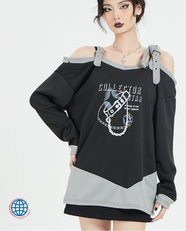 Hotsweet Slashneck T-Shirt Top   Women’s Punkrock Slash Neck Tshirt Long Sleeve With Necklace Patchwork Off Shoulder Gothic Y2k Summer Autumn Tee Shirt Femme Grunge Aesthetic T-Shirts Plus Size Goth Tops for Punk trending Woman in Black