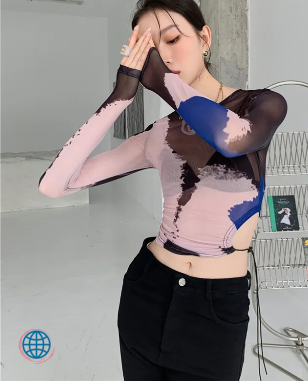 Palette Mesh Crop Top  Women’s Round O-Neck Crewneck Graphic Art T Shirt See Through Drawstring Cut Out Long Sleeve Designer Pink Brown Tops for trending Woman High Fashion Clothing