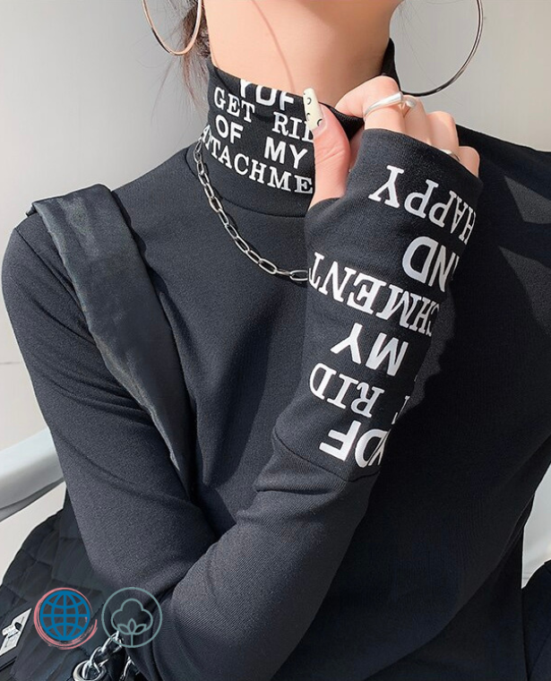 Long Sleeve Turtleneck Fleece Top  Women’s T Shirt High Neck Letter Print TShirt Black Tee Plus Size Women Tees Clothing Tops for trending woman