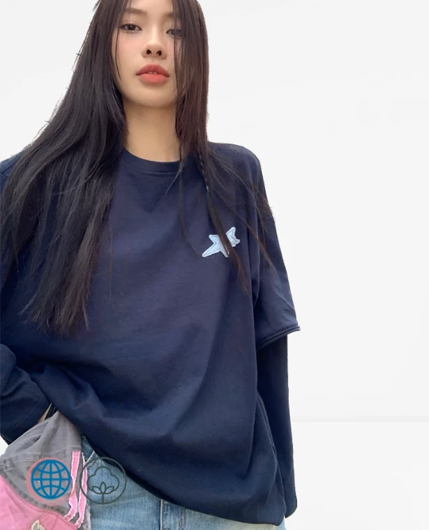 Star Patch Top   Women’s Korean BESTS Star Streetwear Long Sleeve Oversized T Shirt Fall Fashion Crewneck Tshirt Autumn Clothing Tops for trending Woman in Navy Blue