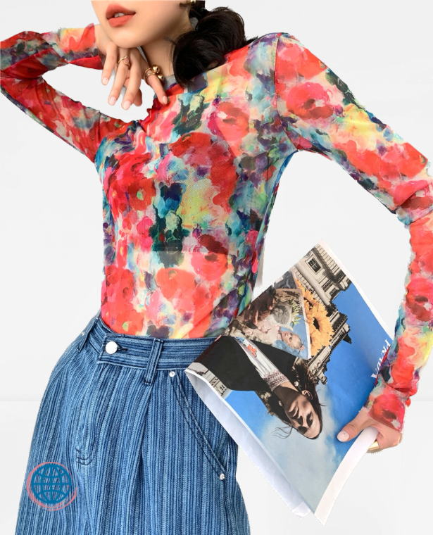 Crewneck Mesh Top Women’s Red Long Sleeve T Shirt Blouse Oil Painting Y2k Fashion Floral Tops Crew Neck Tee Femme Round O-Neck Blouses Fashion for trending Woman