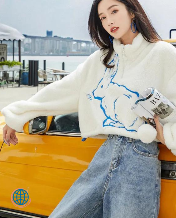 Cropped Sweatshirt   Women’s White Rabbit Animal Print Fur Loose Zipper Neck Fuzzy Winter Crop Top Sweatshirts for trending Woman