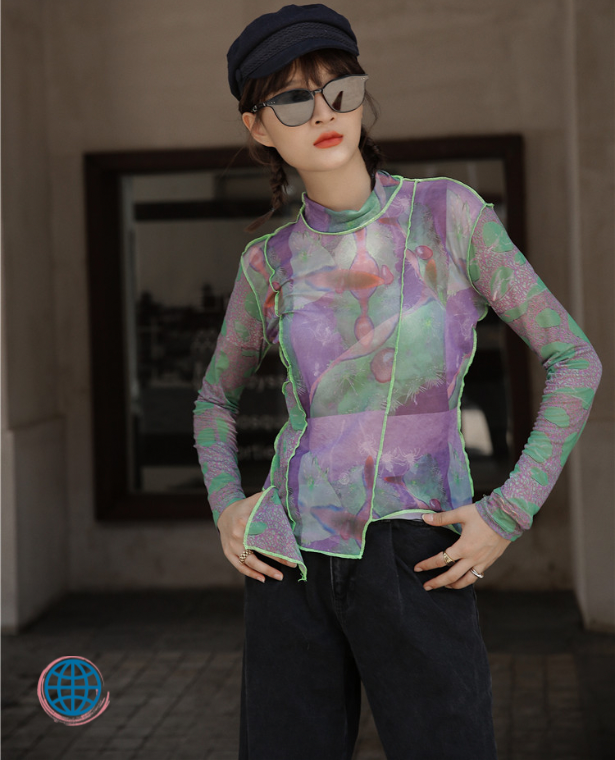 Aesthetic Crewneck Mesh Top Women’s Y2K Long Sleeve Purple Green Blouse See Through Patchwork Tops Designer Fashion Blouses Clothes for trending Woman