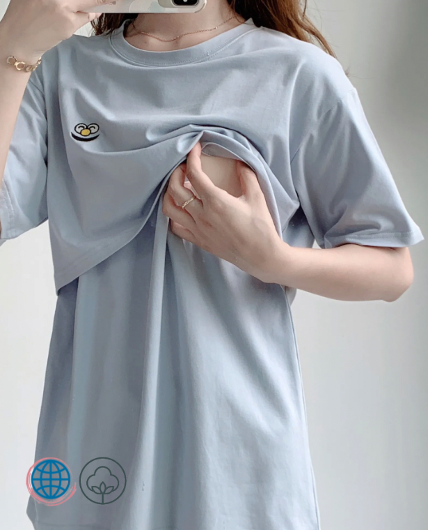 Maternity Cotton Nursing T-Shirt  Women’s Summer Breastfeeding Casual T-shirts Plus Size Loose Pregnancy Clothing Tops for trending Woman in Dusk Blue