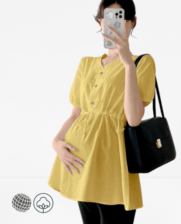 Maternity V-Neck Top  Women‘s Summer Blouse Clothes Solid Color Long Loose Short Sleeve Pregnant Women Cotton Shirts Plus Size Pregnancy Blouses Tops for trending Woman in Yellow