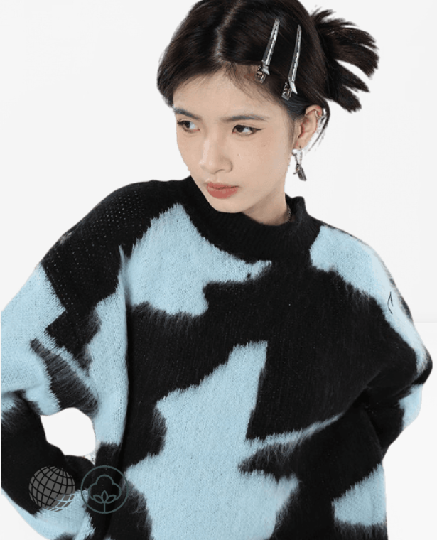 Tie-Dyed Crewneck Sweater  Women’s Sky Blue black Round O-Neck Fashion Vintage Leisure Lazy Wind Loose fit Thicken Warm Knitting Pullover Sweaters for trending Woman