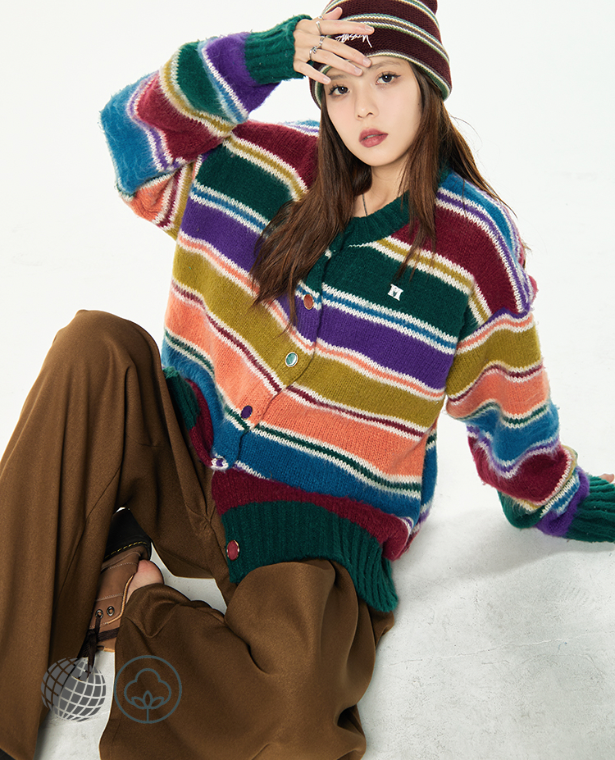 Rainbow Stripe Cardigan  Women’s Multicolor Sweater Outerwear Fashion Vintage Leisure Lazy Wind Winter Thicken Warm Long Sleeve Knitting Coat Cardigans Sweaters for trending Woman