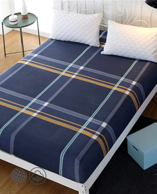 Fitted Check Bed Sheet  Plaid Printing with Elastic Band Bedding Linens Dust Proof Mattress Protector Checkered Sheets in trending Dark Royal Blue golden white