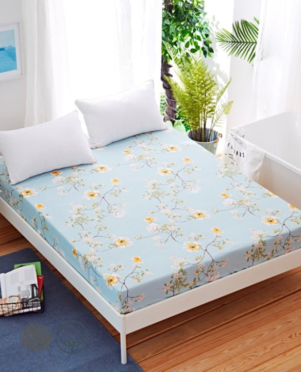 Band-Fitted Bed Sheet  Printing with Elastic Band Bedding Linens Dust Proof Mattress Protector Checkered Sheets in trending floral Blue white yellow Sakura Cherry Blossom Flowers