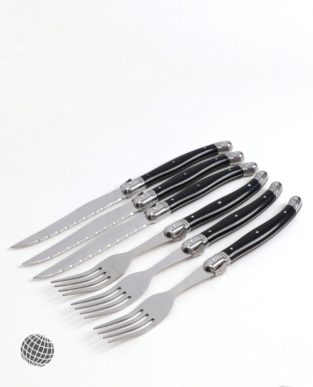 Stainless Steel Steak Knives And Forks  Set Of 6 Full Tang Laguiole Steel Cutlery Dinner Sets With Black ABS Handle Trending Flatware Tableware