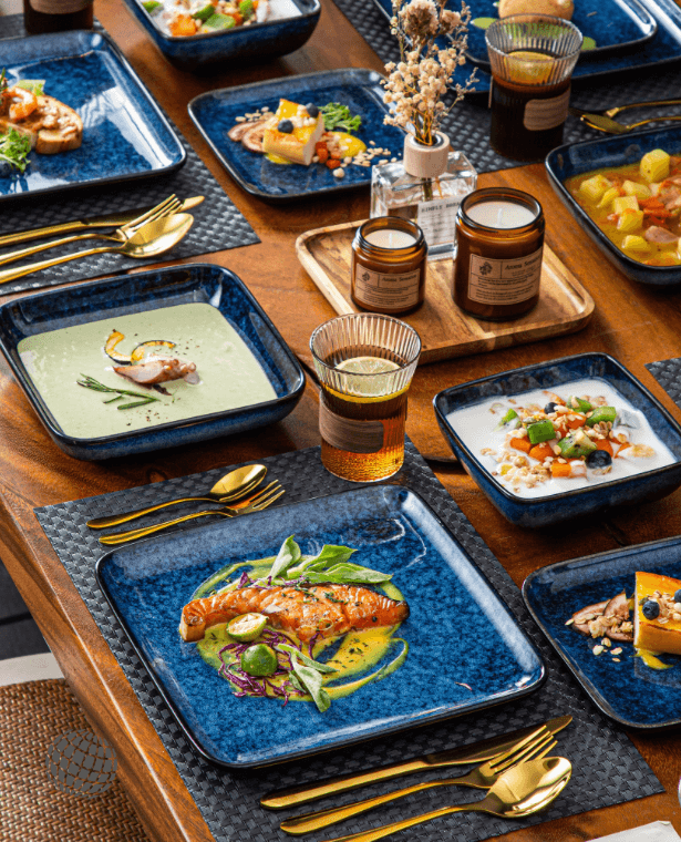 Kiln Glaze Dinner Set 16-Piece  Blue Square Kiln Change Glaze Tableware 16 Pieces Kitchen Trending Dinnerware Ceramic Crockery Sets for 4 Person