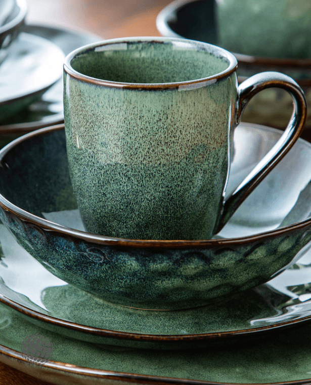 Kiln Change Glaze Dinner Set  16/32/48-Piece Starry Green Tableware with Dinner-, Dessert Plate, Bowl, Mug Trending Dinnerware Sets