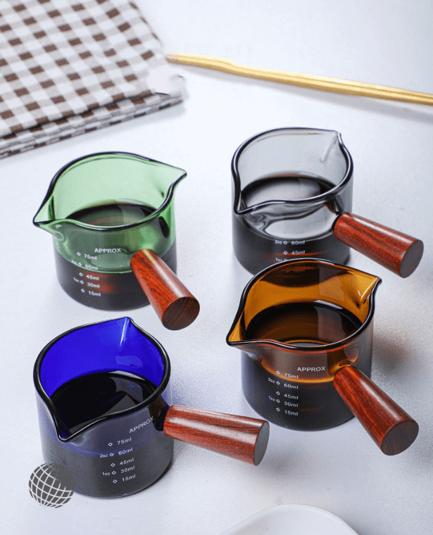 Colored Heat-resisting Glass  Espresso Measuring Cup Double Mouth Borosilicate Glasses with Wooden Handle Scale Measure Coffee Mugs Glassware in Trending Deep Blue Dark Gray grey Amber brown, Green
