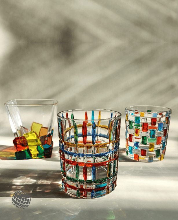 Hand-painted Crystal Glass  Coulorful Lines Woven Whiskey Crystal Glass Creative Glacier Design Juice Drinking Cup Gift Drinkware Cups Colorful Shapes Barware Multicolor Blocks Glassware Trending Cups