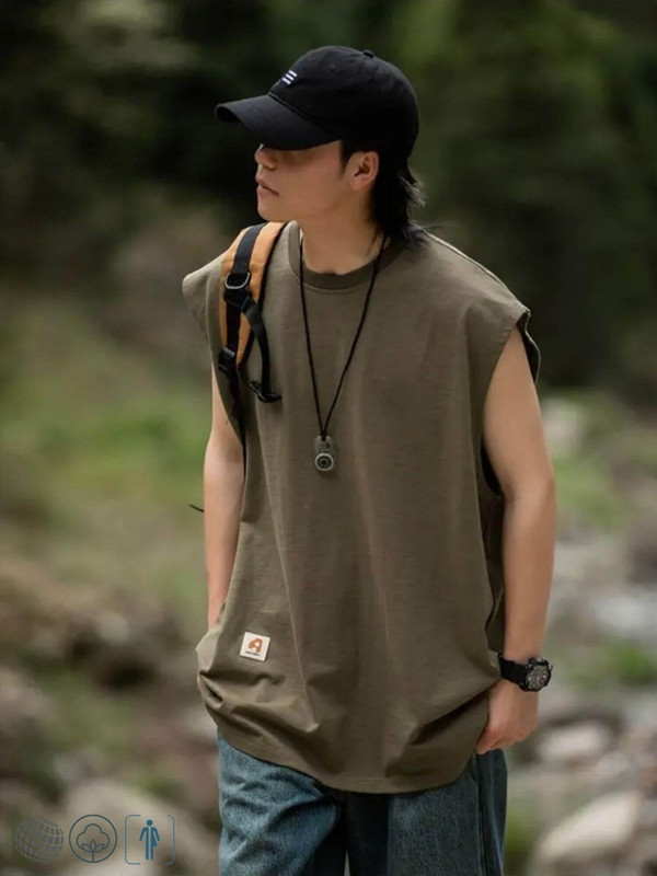 Loose-Fit Sports Tank Top  Men's Summer 230G Cotton Fitness Muscle Loose Crewneck Round O-Neck Sleeveless Sport Loose Fit Fashion Vest Clothing Plus Size Vests Tops for Man in trending Army Khaki brown