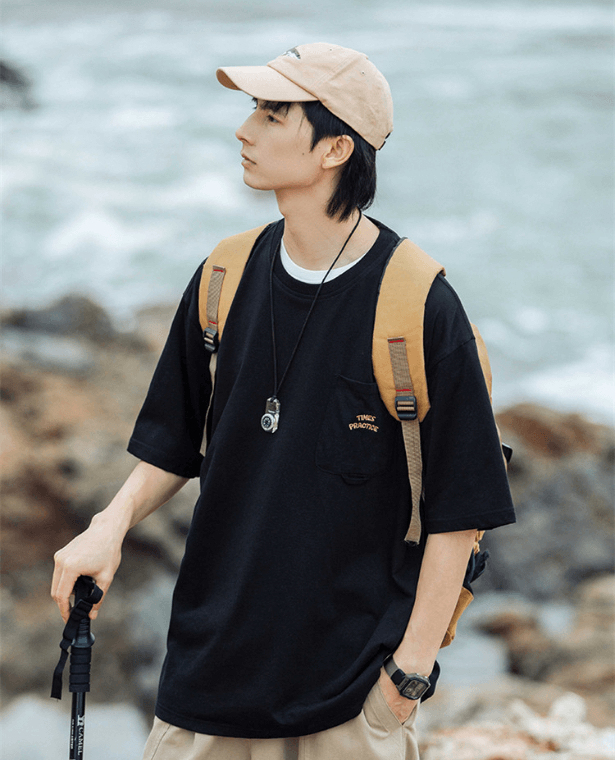 Embroidered Oversized Crewneck T-Shirt  Unisex Anywear Mens Women’s Summer Men's Tee Korean Fashion T-shirts TIMES PRACTICE Embroidery Pockets Round O-Neck Short Sleeved Tops Couple Plus Size Tees for Man Woman in trending Black