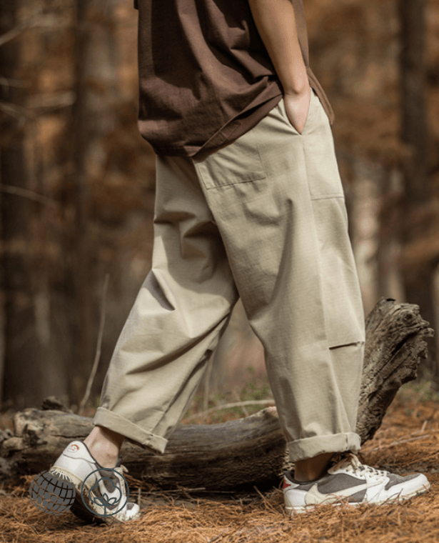 Loose Pleat Pants  Men's Belt Design Pleated Mid Rise Waist Casual Retro Wide leg Cargo Trousers for Man Spring Summer Korean Street Fashion in trending Khaki