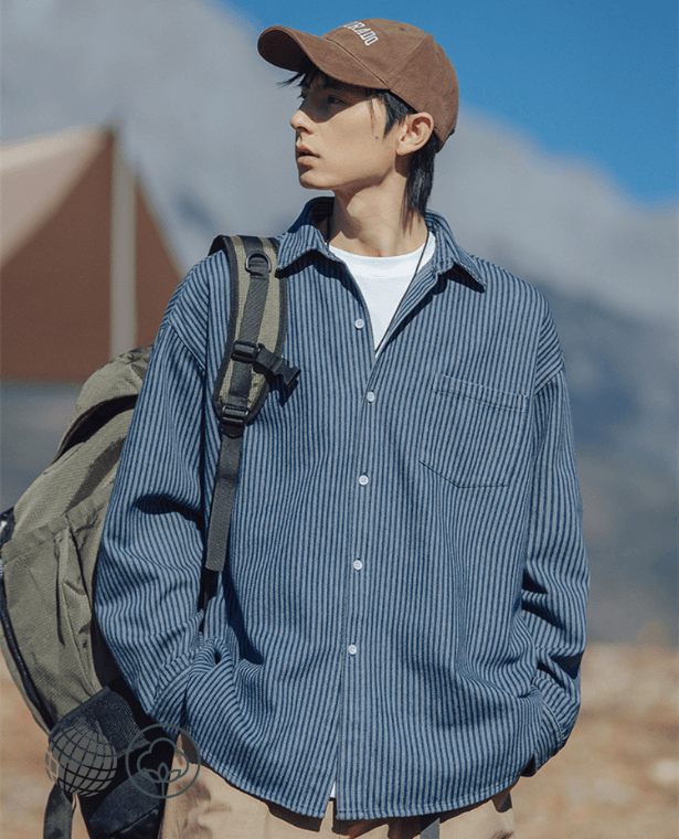 Japanese Washed Denim Shirt  Men's High Quality Vintage Striped Spring and Autumn Couple Japan Shirts Street Coat for Man in trending Blue