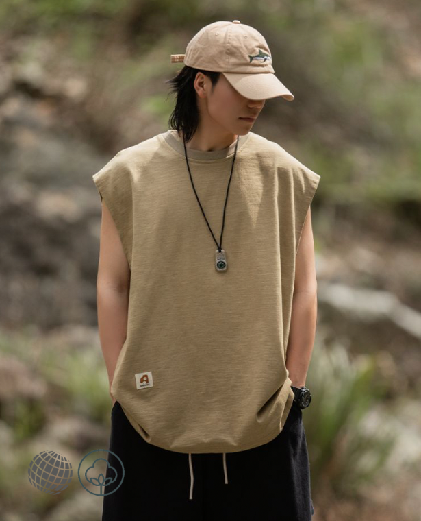Loose MiteigiYūki Sports Tank Top  Men's Summer 230G Cotton Fitness Muscle Loose Crewneck Round O-Neck Sleeveless Sport Fashion Vest Clothing Plus Size Fit Vests Tops for Man in trending Khaki brown