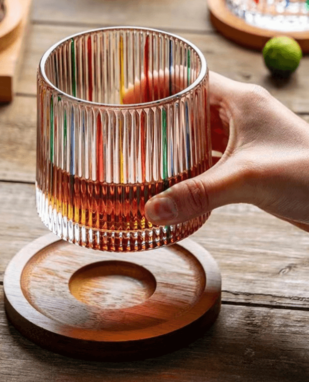 Tumbler with Rotating Coaster  Glass Whiskey Cup Tumblers Gyro Base Wood Revolving Coasters Old Fashion Decompression Cups Coffee Milk Cocktails Tea Wine Glasses Glassware Trending Barware