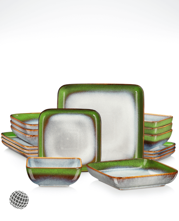 16-Piece Square Dinner Set Stern Kiln Change Glaze Tableware 16 Pieces Kitchen Dinnerware Ceramic Crockery Set for 4 Person In trending Mix Green Beige Golden