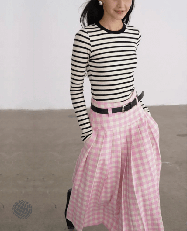 Plaid Pleated Midi Skirt   Women‘s A-line Elegant Pink Vintage Korean Fashion Preppy Skirts for trending Woman