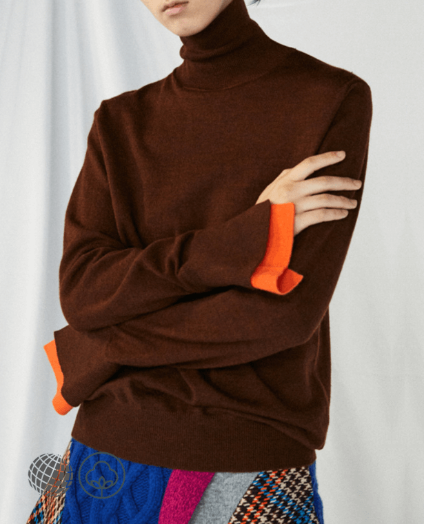 Japan Split Sleeve Sweater   Women’s Autumn Winter Japanese style Niche Design Patchwork Bottom Knitted Tops High Quality Wool Blended Sweaters Turtleneck Pullovers for Woman in trending Brown orange red