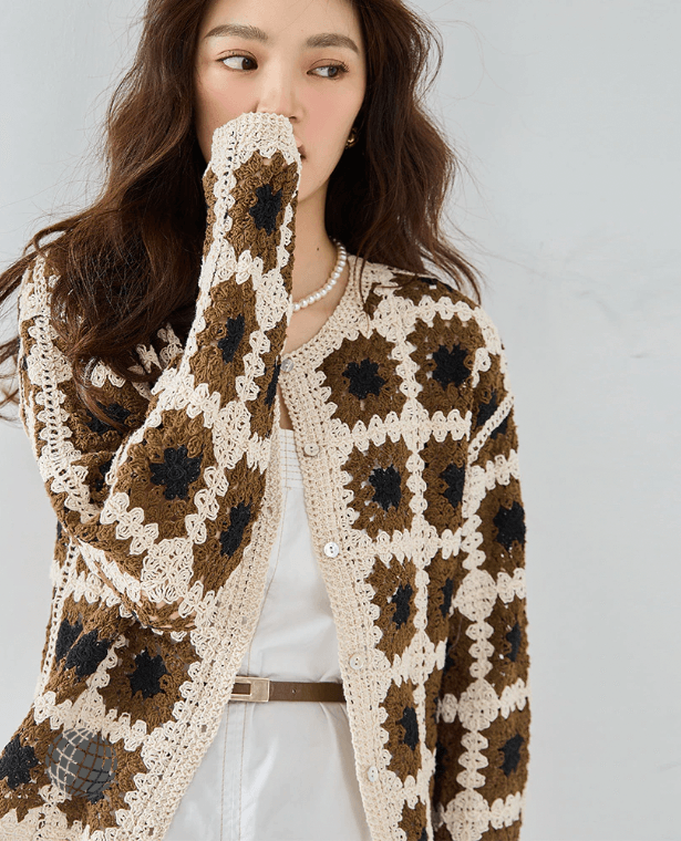 Crochet Knit Cardigan  Women’s Vintage Hollow-out Handmade Autumn Fall Floral Knitted Cardigans Sweaters for Woman in trending Dark brown beige