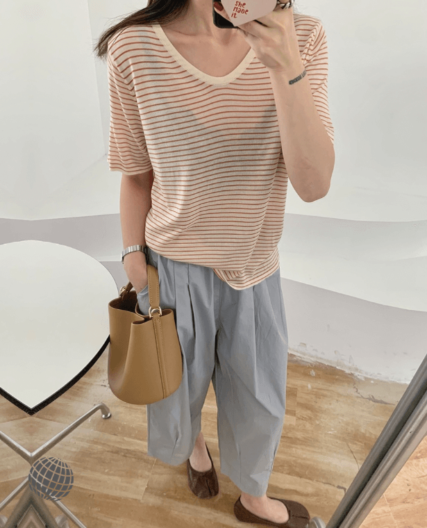 Short Sleeve V-neck Top   Women’s Striped See-through Blouse Thin Knitting T Shirt Summer Great Quality Semi Sheer Stripe Casual Cropped T-Shirts Tee Blouses Tops for Woman in trending stripe Orange