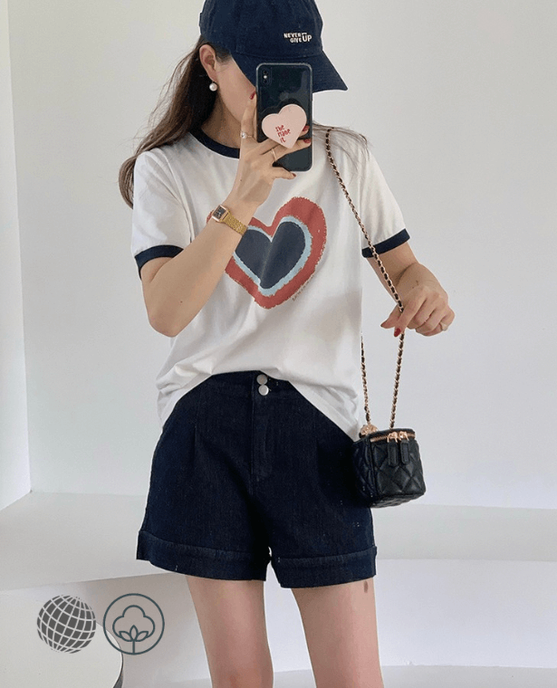 Cotton-Linen T-Shirt  Women’s Summer Short Sleeve Casual Round O-neck crewneck Top Fashion Contrast Color Heart Print Basic Tees T-Shirts Tops For Young Lady Woman in trending White