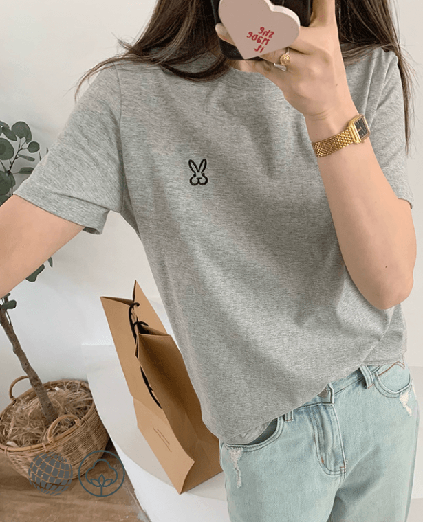 Embroidery Casual Basic T-Shirt  Women’s 100% Cotton Top Short Sleeve Summer Simple Pure Crewneck Regular Fit Tee T-Shirts Round O-Neck Tops for Woman in trending Gray