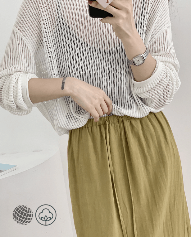 Cotton-Linen Drawcord Midi Skirt  Women’s Summer Female Solid Drawstring Basic Straight Drawcord Skirts with Pockets for Woman in trending Yellow