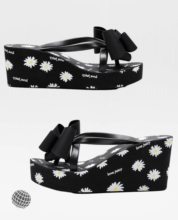Daisy Bow Flip Flops  Women’s Elegant beautiful tide outer wear slope daisies sandals slippers beach vacation non-slip waterproof Increase 6cm - 8cm High Heel Vacation Getaway Beachwear Holiday Petite Plus Size Footwear for Woman in trending Black