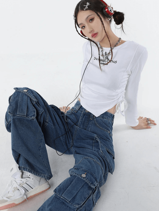 Drawstring Sweatshirt  Women's Clothing Short Vintage American Fashion Female Crewneck Round O-neck Long Sleeves Casual Winter Baggy Pullover Sweatshirts for Woman in trendy white