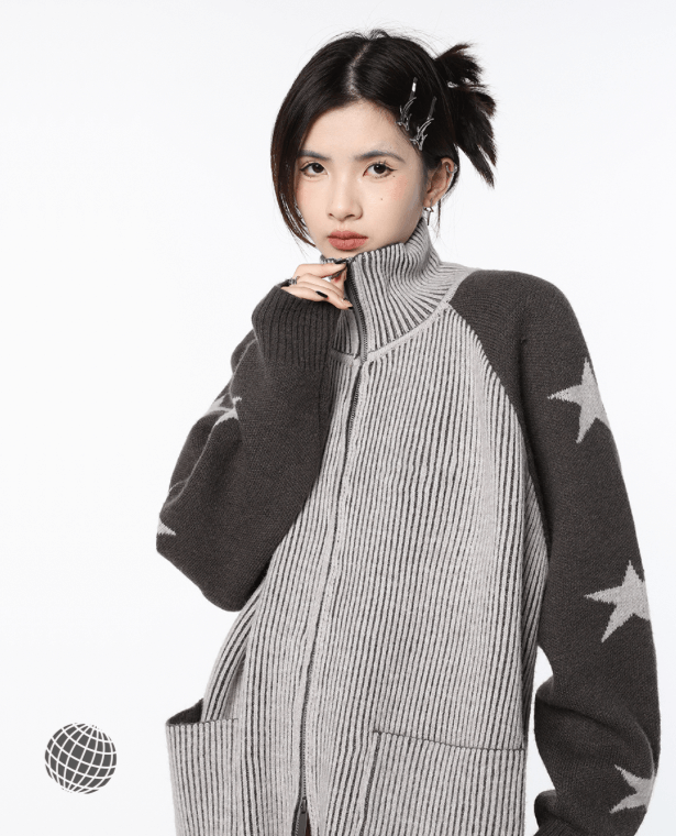 Contrast Stars Cardigan Sweater  Contrast Stars Cardigan Sweater  Women’s Gray Grey Color Outerwear Fashion Vintage Leisure Lazy Wind Winter Long Sleeve Knitting Coat for trending Woman